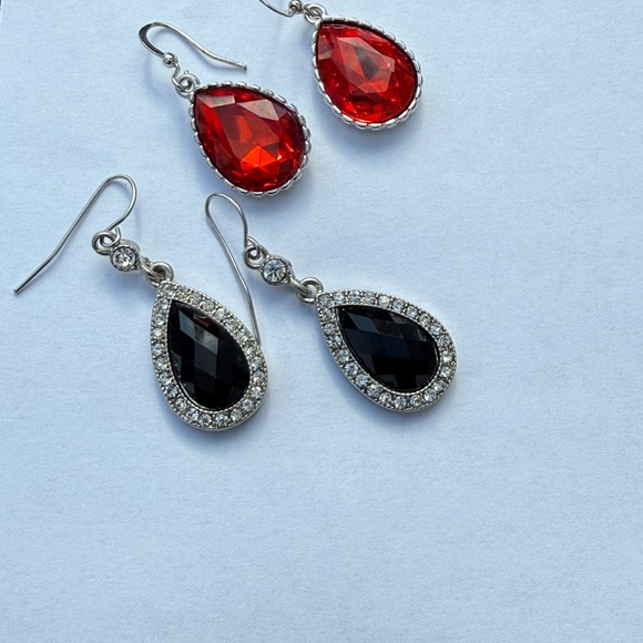 Jewelry - Bundle 2 Pair Red And Black Teardrop Earrings Crystal & Rhinestone Dangle